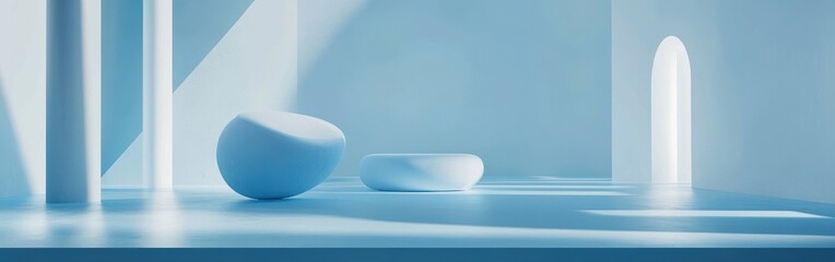 Aufkleber - Monochromatic display of soft shapes in pastel blue light creating a serene atmosphere within a minimalist space