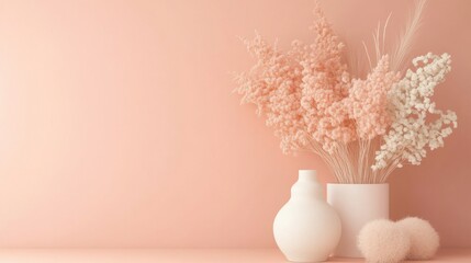Aufkleber - Soft monochromatic pastel peach arrangement with vases and dried flowers creating a serene atmosphere in a minimalist setting