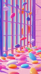 Poster - Colorful candy falls behind pastel bars against a bright sky