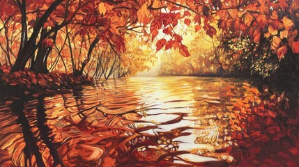 Poster - Reflective water beneath a canopy of fiery red leaves illuminates a tranquil autumn landscape at sunset
