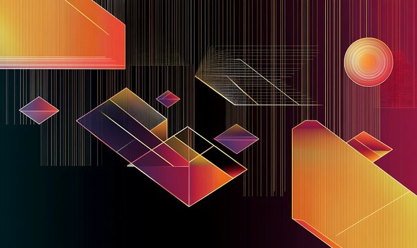 Abstract design featuring floating geometric shapes with gradient background,  creating a sense of depth and movement.

