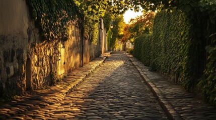 Poster - Charming cobblestone alleyway lined with greenery during golden hour light