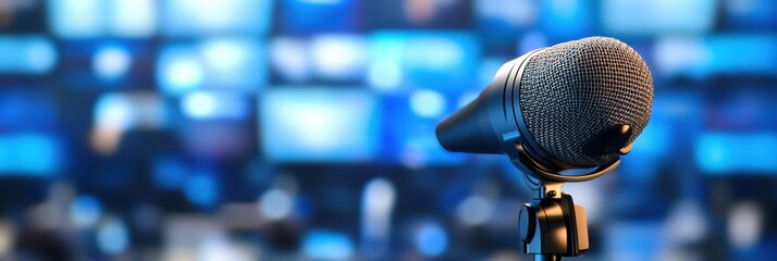 Poster - Microphone stands prominently in front of a backdrop of multiple television screens displaying various news graphics. Generative AI