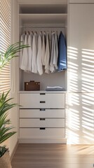 Aufkleber - Sunlight spills through the window, casting gentle shadows on a sleek white closet. Neatly hung garments and tidy drawers evoke a sense of calm and order in the stylish space