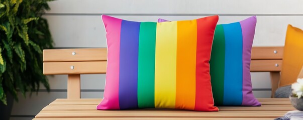 Wall Mural - Fun rainbow-striped pillows, styled around an outdoor picnic table