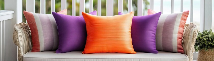 Wall Mural - Gradient-striped pillows transitioning from orange to purple, styled on a coastal balcony