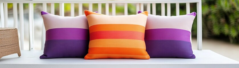 Wall Mural - Gradient-striped pillows transitioning from orange to purple, styled on a coastal balcony