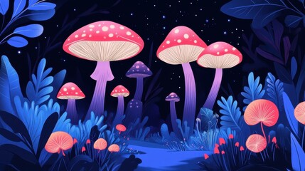 Wall Mural - Illustration shows a glowing mushroom patch at night under stars