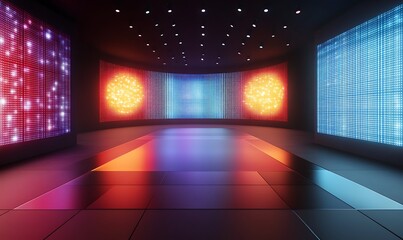 Poster - A futuristic, illuminated space with colorful light panels and a sleek floor. A digital artwork featuring modern interior walls with geometric purple and gold panels and reflective floors.