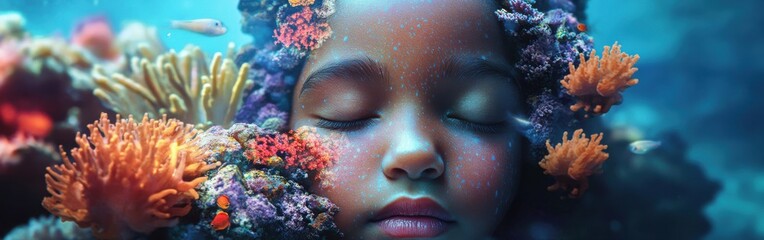 Aufkleber - Vibrant underwater portrait of a child surrounded by coral and marine life in a tranquil ocean setting