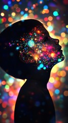 Aufkleber - Child with a glowing face surrounded by a colorful background of lights and sparkles