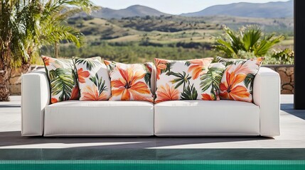 Poster - Large oversized pillows in tropical prints, arranged on a modern poolside sofa