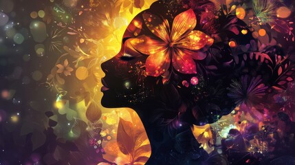 Aufkleber - Vibrant silhouette of a woman adorned with floral patterns in a colorful, ethereal setting