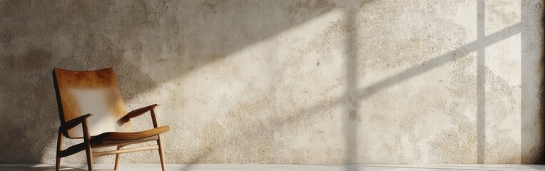 Aufkleber - Textured concrete wall with soft shades and a wooden chair in a sunlit room