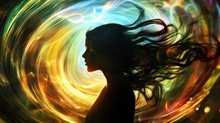 Fototapete - Surreal glowing woman surrounded by vibrant swirling lights and colors in a dreamlike atmosphere