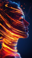Poster - Woman glowing in surreal representation with swirling light patterns at dusk in an ethereal landscape