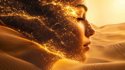 Poster - Surreal glowing representation of a woman with a shimmering golden aura amidst golden dunes during sunset