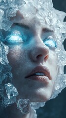 Leinwandbilder - Surreal portrait of a face merging with ice featuring glowing blue eyes and intricate icy details
