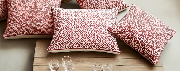 Wall Mural - Moroccan-inspired outdoor pillows with intricate patterns, styled around a low wooden table with tea glasses