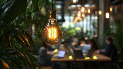 Poster - Soft glowing vintage light bulb illuminating a vibrant coworking space filled with greenery and focused individuals