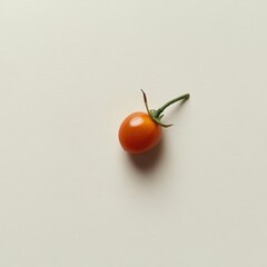 Poster - Ripe cherry tomato with vibrant color and a green stem on a plain surface in natural light