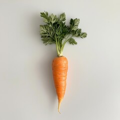 Poster - Vibrant orange carrot with fresh green leaves displayed on a neutral background in natural light
