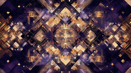 Poster - Intricate abstract geometric pattern featuring diamonds squares and purple hues