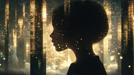 Poster - Serene visualization of a child's profile surrounded by glowing cityscape elements and abstract light patterns