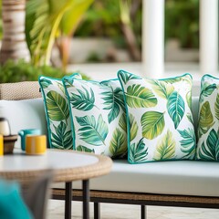 Poster - Oversized outdoor cushions with tropical leaf patterns, arranged around a patio table