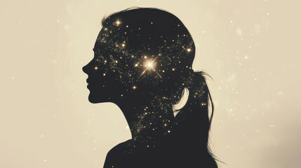 Poster - Serene portrait of a woman radiating a cosmic glow against a soft background