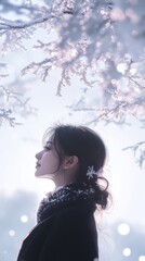 Poster - Woman in winter attire gazes serenely amidst sparkling snow-covered trees on a tranquil day