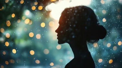 Aufkleber - Portrait of a woman with a serene expression illuminated by soft light during a rainy day in a lush outdoor setting