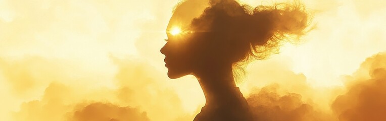 Leinwandbilder - Woman basking in golden sunlight with clouds softly illuminating her serene profile at sunset