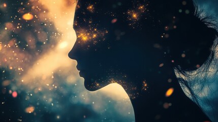 Poster - Portrait of a serene woman glowing with cosmic energy against a starry backdrop during twilight