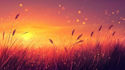 Poster - Serene golden-hour meadow with tall grasses illuminated by warm sunlight and soft bokeh effects