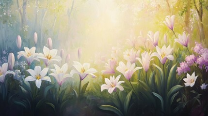 Aufkleber - Fusion of vibrant Easter lilies and tulips creating a serene garden atmosphere at dawn