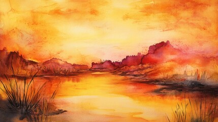Aufkleber - Rich hues of sunset blend in a watercolor wash over tranquil waters and distant hills