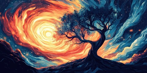 Wall Mural - Tree stands against swirling cosmic clouds and distant stars