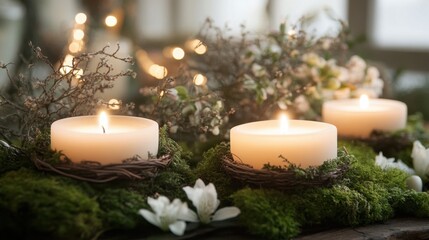 Poster - Candles illuminate a mossy arrangement with vibrant flora in a serene setting