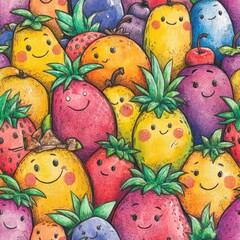 Poster - Colorful and playful doodle illustrations of smiling fruits in a vibrant watercolor design