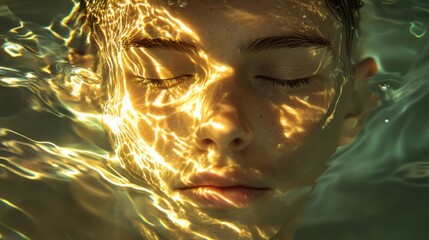 Aufkleber - Mystical visualization of a swimmer's face illuminated by sunlight in water