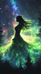 Poster - Mystical woman glowing with cosmic energy among the trees at night