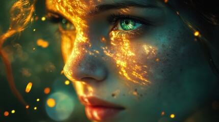 Poster - Mystical portrait of a woman's face glowing with ethereal light and shimmering patterns