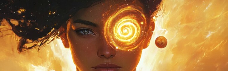 Leinwandbilder - Mystical depiction of a woman's face illuminated by cosmic elements and a swirling galaxy
