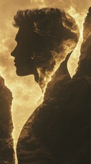 Aufkleber - Mystical silhouette of a man surrounded by fiery elements at sunset