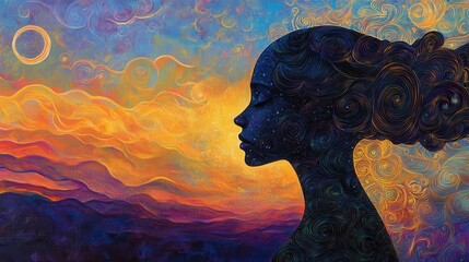 Poster - Mystical silhouette of a woman against a vibrant sunset sky filled with swirling colors