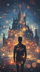 Aufkleber - Mystical silhouette of a man against an enchanting castle at twilight surrounded by stars