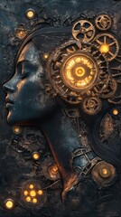 Poster - Mystical profile of a woman with intricate gears and glowing elements creating a captivating fusion of art and technology