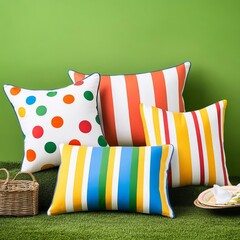 Wall Mural - Playful pillows with bold polka dots and stripes in contrasting colors, styled on a grassy picnic scene