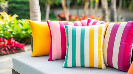 Wall Mural - Rainbow-colored striped pillows placed on a modern patio sectional, overlooking a vibrant garden